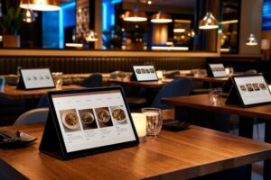 Mesas de restaurante com tablets de cardápio digital iluminados