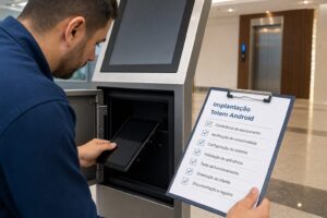 Técnico instalando totem Android com checklist de implantação em português