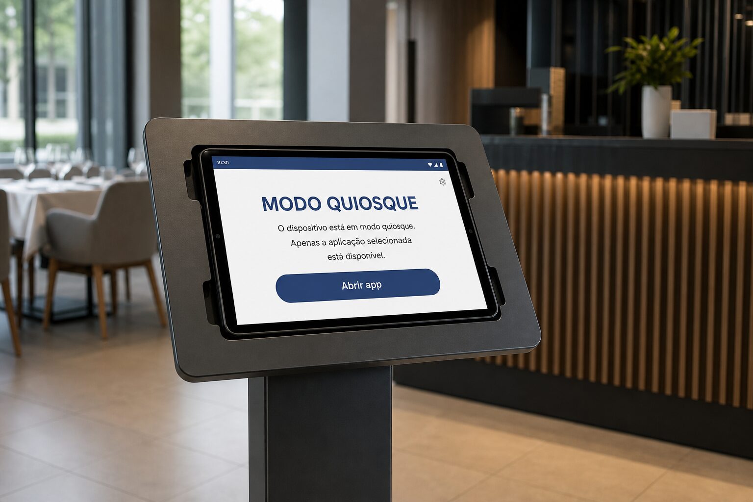 Totem com tablet Android em modo quiosque — M6 MarcaRS