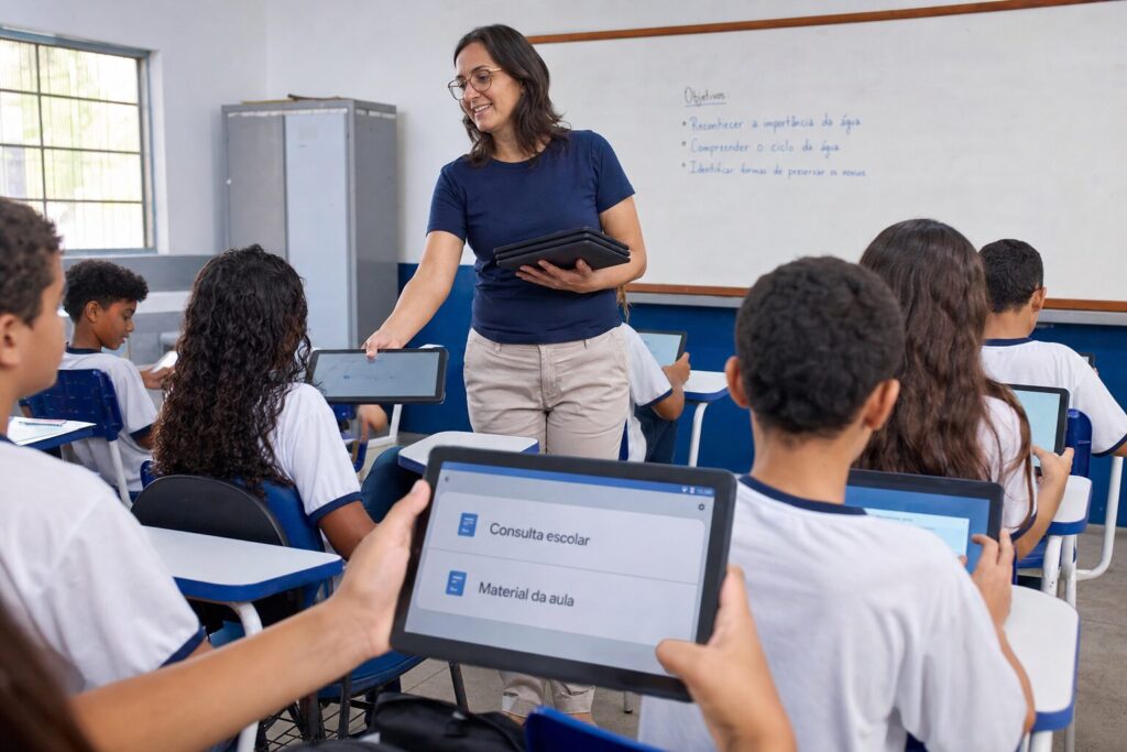 Professora distribuindo tablets Android aos alunos em sala de aula