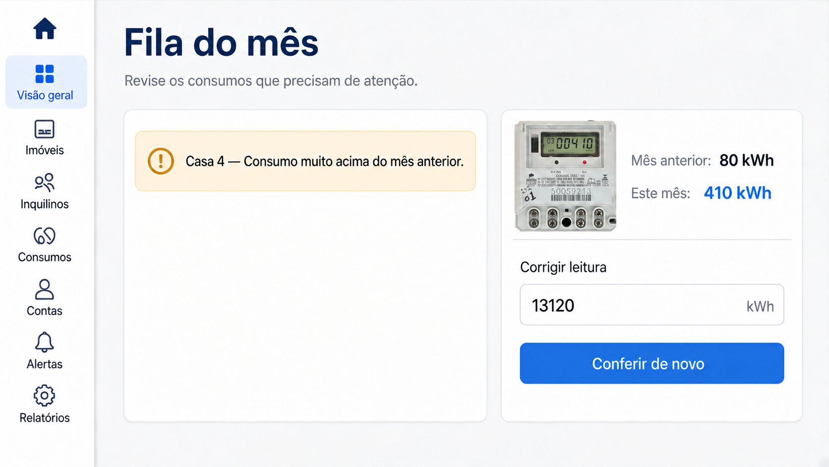 Alerta de consumo acima do mês anterior, com campo para corrigir a leitura