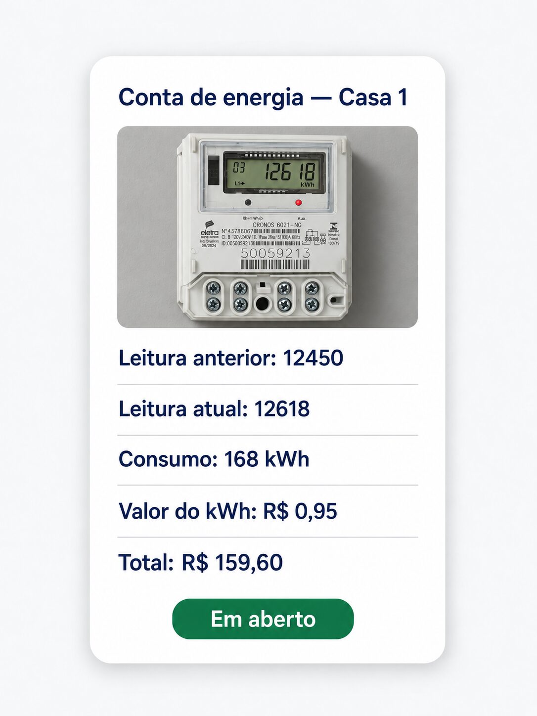 Card da conta com leituras, kWh e total