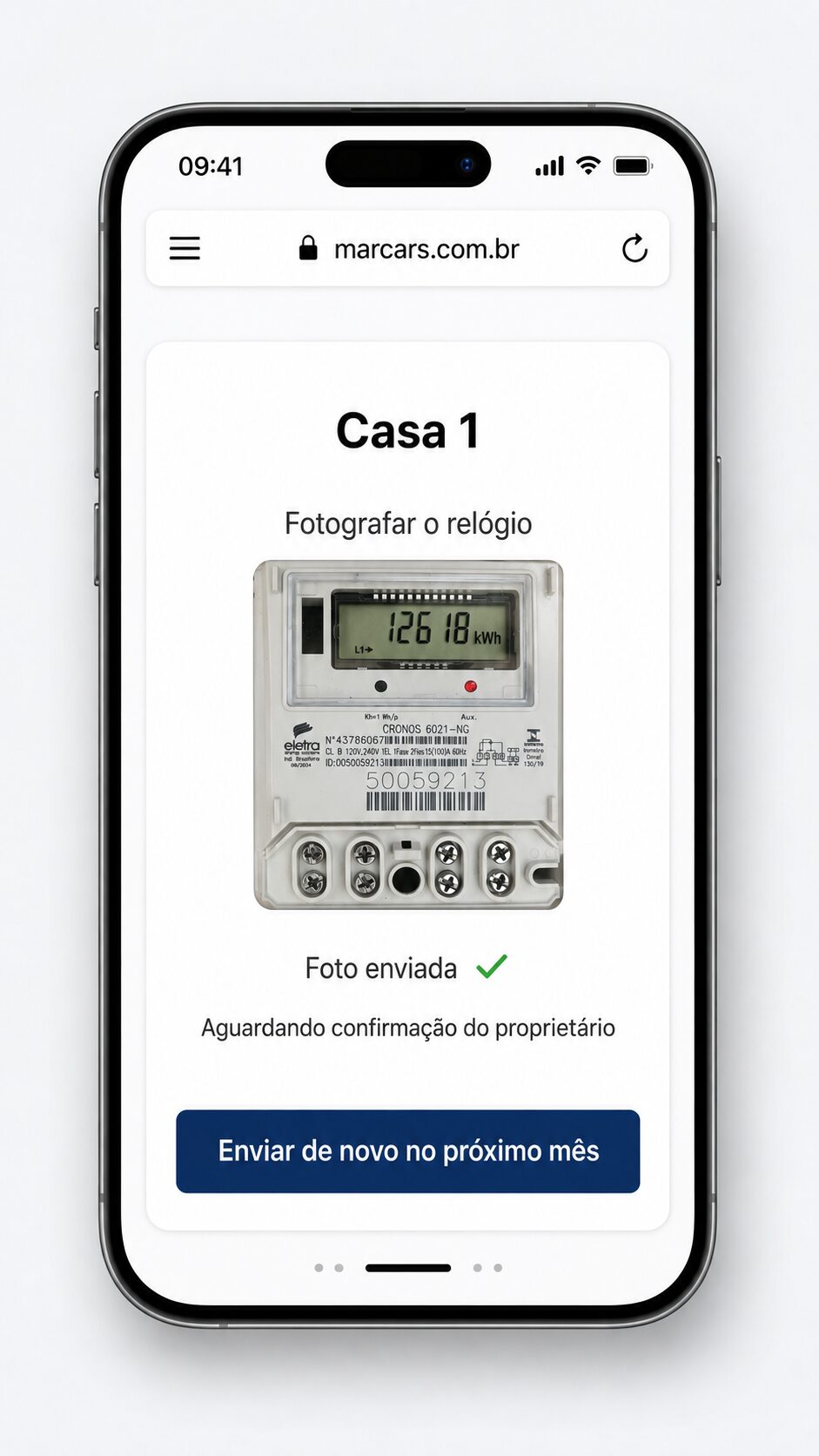 Página do inquilino no celular, com a foto enviada e o status aguardando confirmação